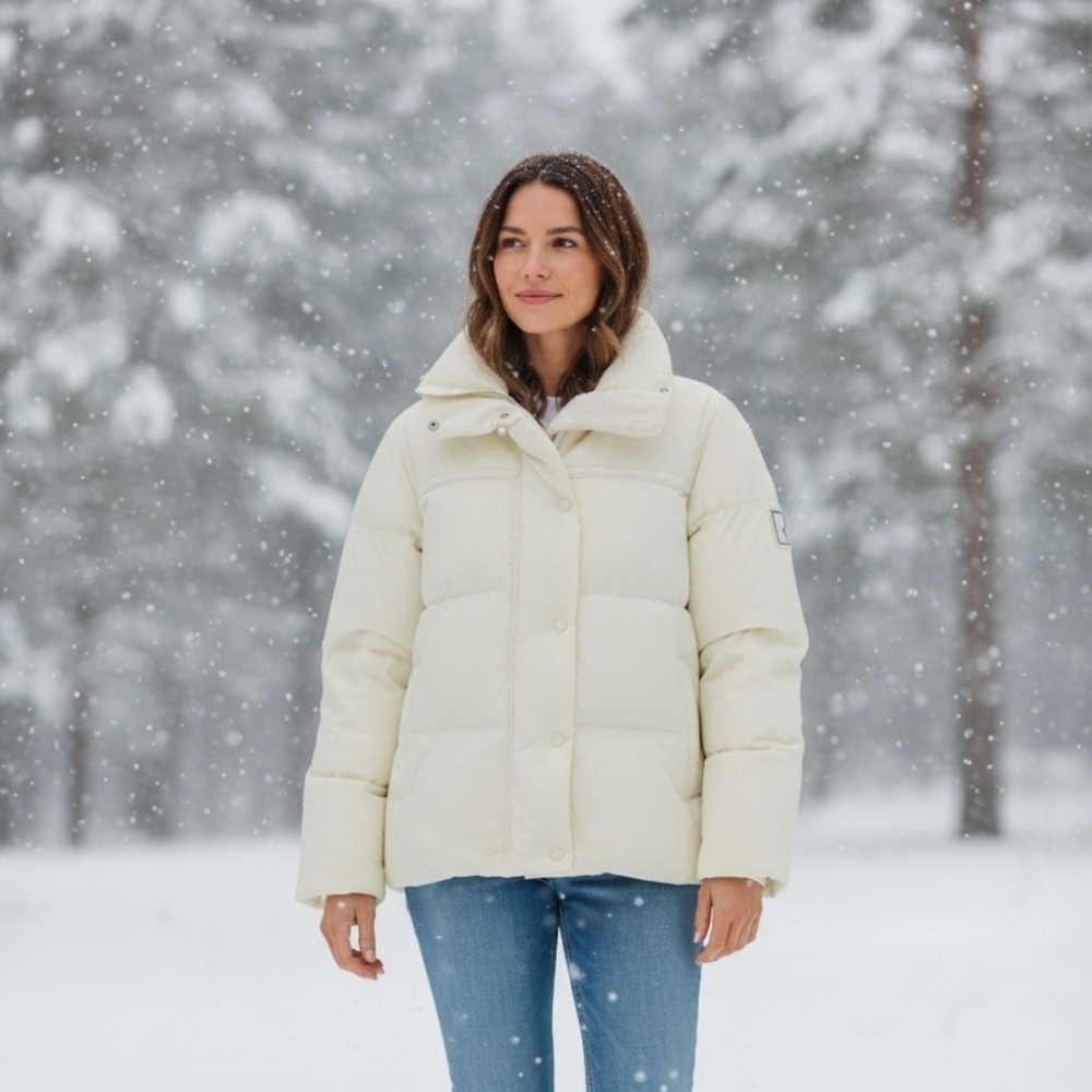 NWT RUDSAK Women's Selena Goose Down Off White Puffer Jacket Sherpa Size Large